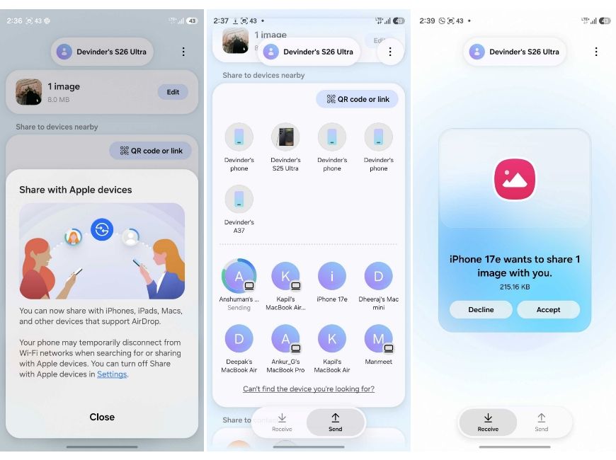 One UI 8.5 Apple AirDrop support in action One UI 8.5 Apple AirDrop support in action