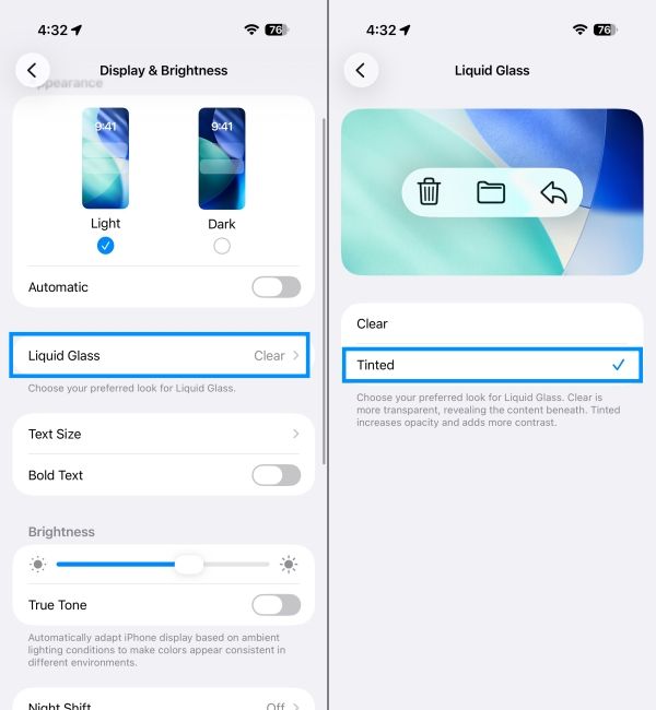 Turn off Liquid Glass option in iPhone settings