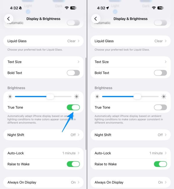 Turn off true tone in iPhone display settings 