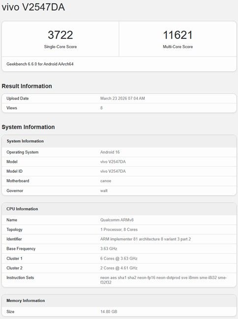 Vivo V2547DA Geekbench score result