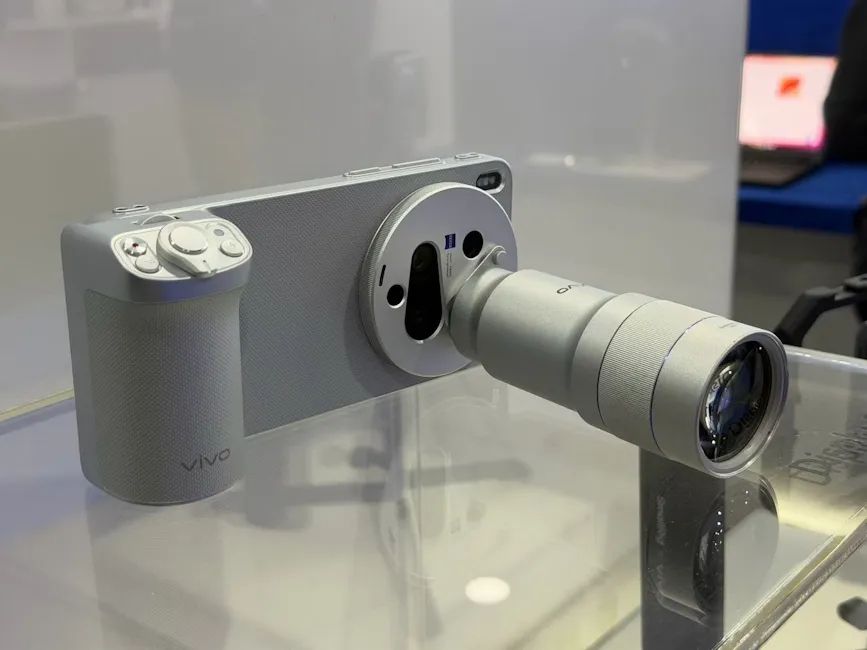 Vivo X300 Ultra on a glass surface with hand grip accessory and telephoto converter