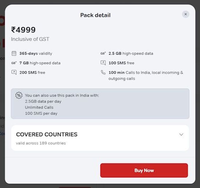 Airtel International Roaming Rs 4,999 plan