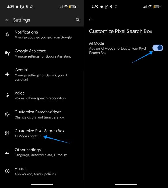 pixel ui screenshot showing how to turn off ai mode in google app