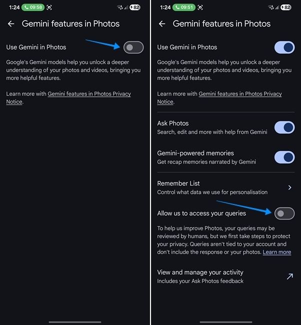 screenshot showing how to turn off gemini in google photos