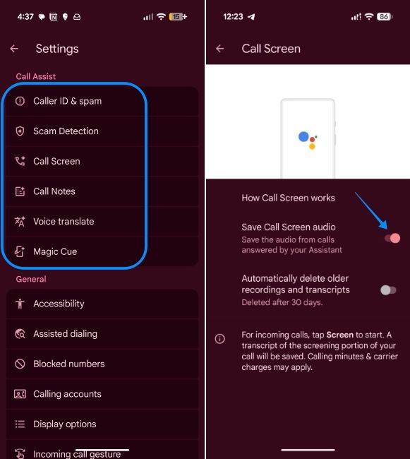 pixel ui screenshot showing call assist settings
