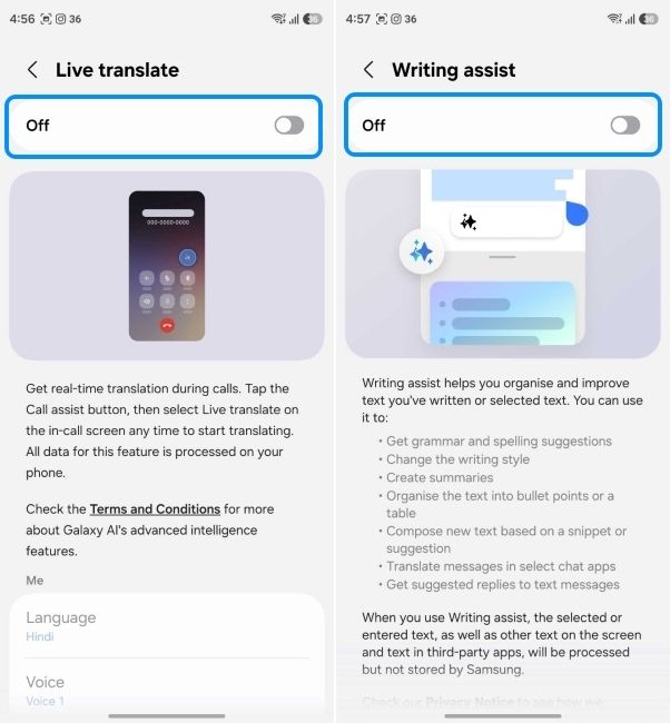 disable live translate and writing assist on samsung phones