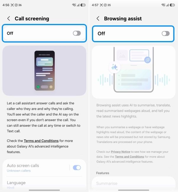 disable browsing assist and call screening on samsung phones