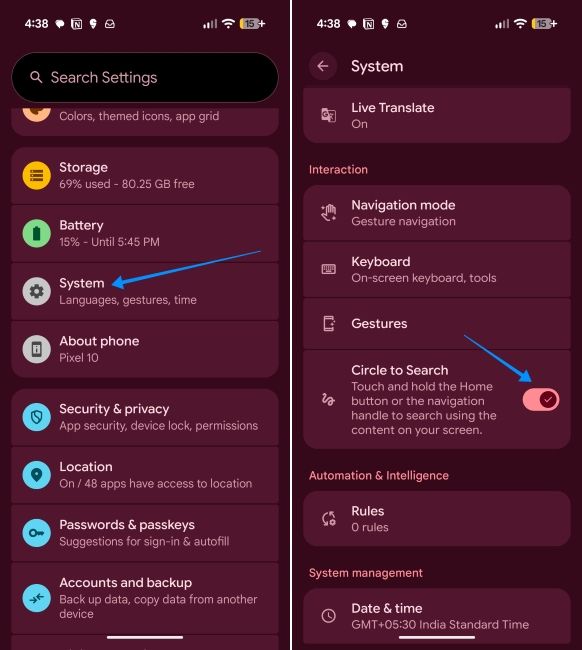 pixel ui screenshot showing how to disable circle to search