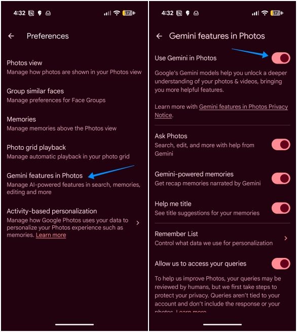 pixel ui screenshot showing how to disable gemini in photos