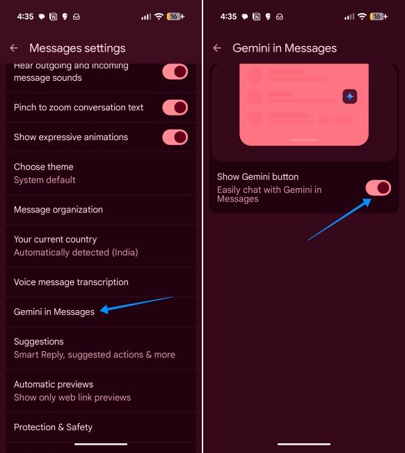 pixel ui screenshot showing how to disable gemini button in messages