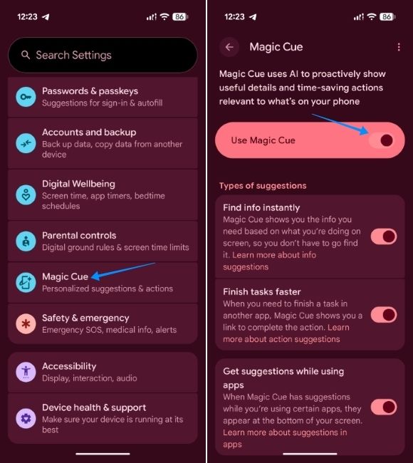 pixel ui screenshot showing the option to disable magic cue