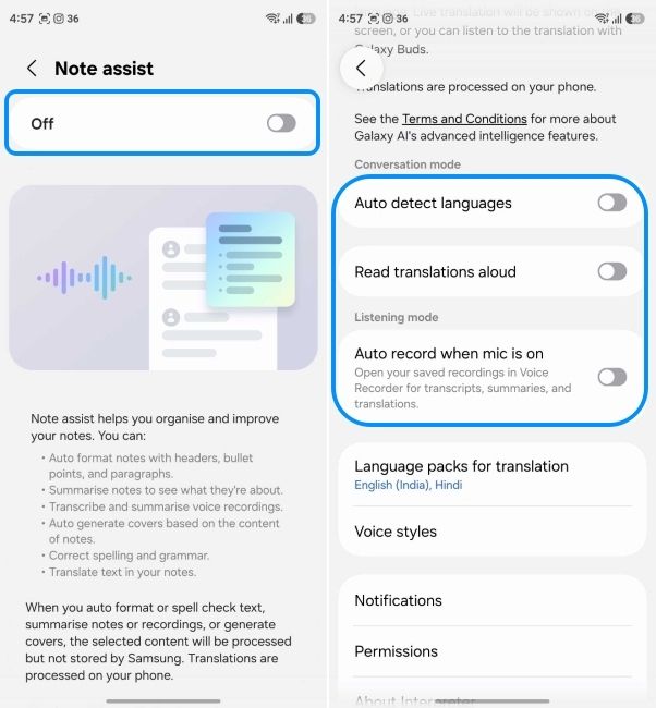 disable note assist on samsung phones