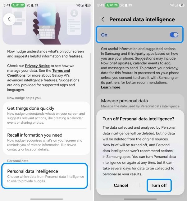 disable personal data intelligence on samsung phones