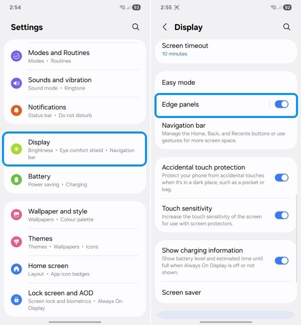oneui screenshot showing how to enable edge panels