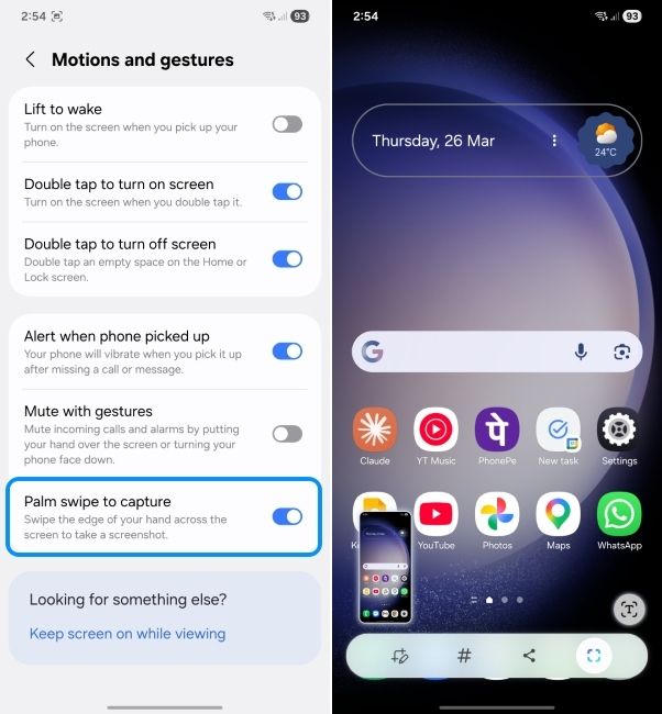 oneui screenshot showing how to enable palm swipe