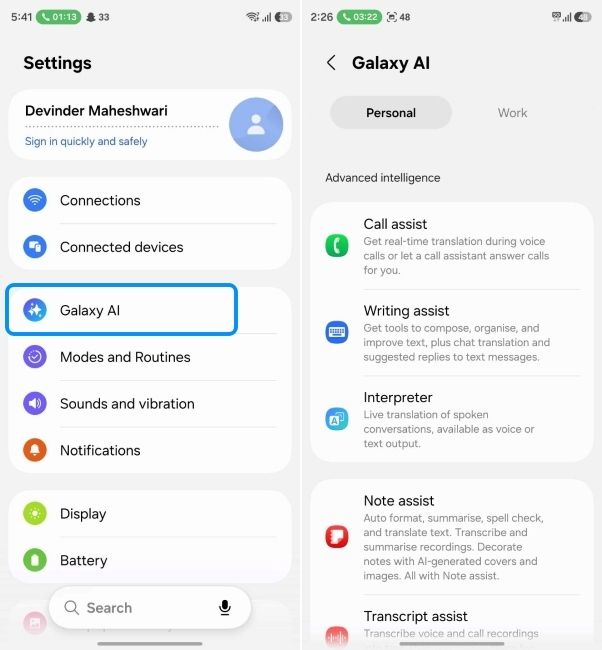 open galaxy ai settings on samsung phone