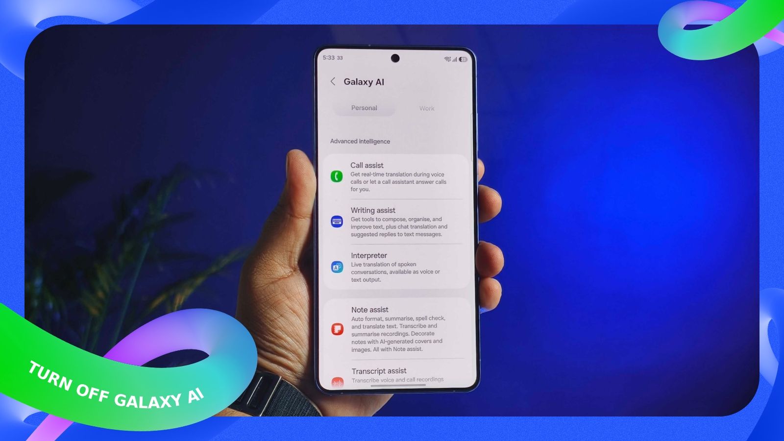 shot of a hand holding a Samsung phone showing Galaxy AI features