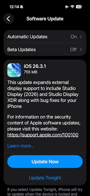 iOS 26.3.1 update page screenshot