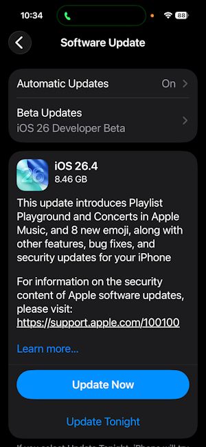 iOS 26.4 Release Candidate update page screenshot