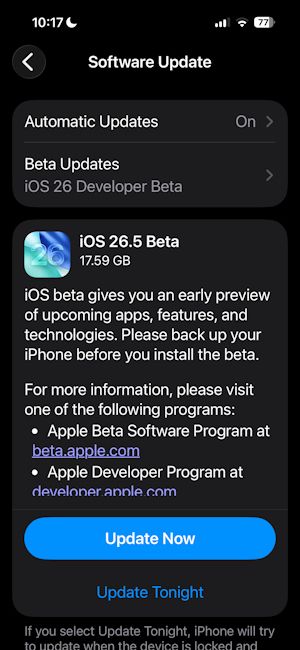 iOS 26.5 beta update page