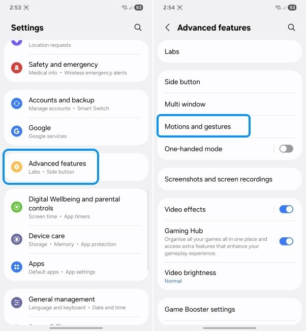 oneui setting showing how to open motions and gestures setting