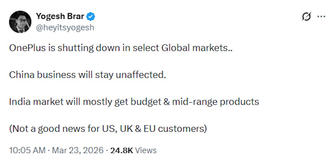 OnePlus shutting down rumour screenshot on X