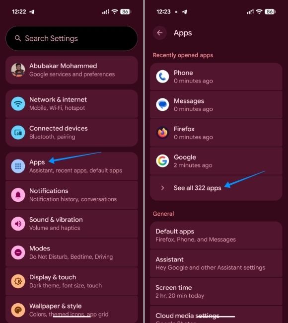 pixel ui screenshot showing list of all installed apps