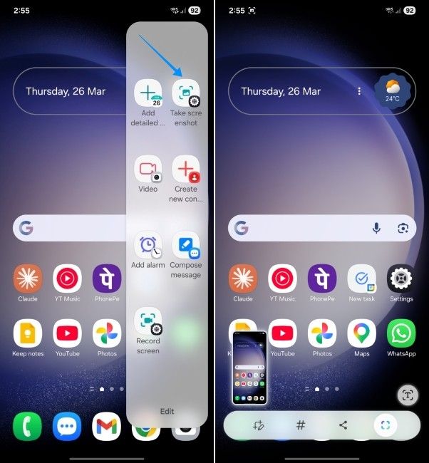 oneui screenshot showing how to take screenshot on samsung phones using edge panels