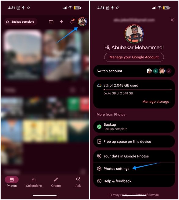 pixel ui screenshot showing how to open google photos settings