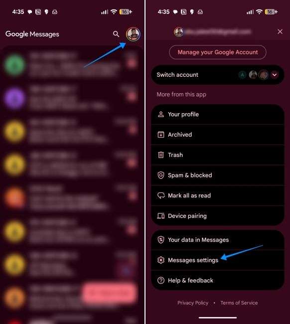 pixel ui screenshot to open messages settings