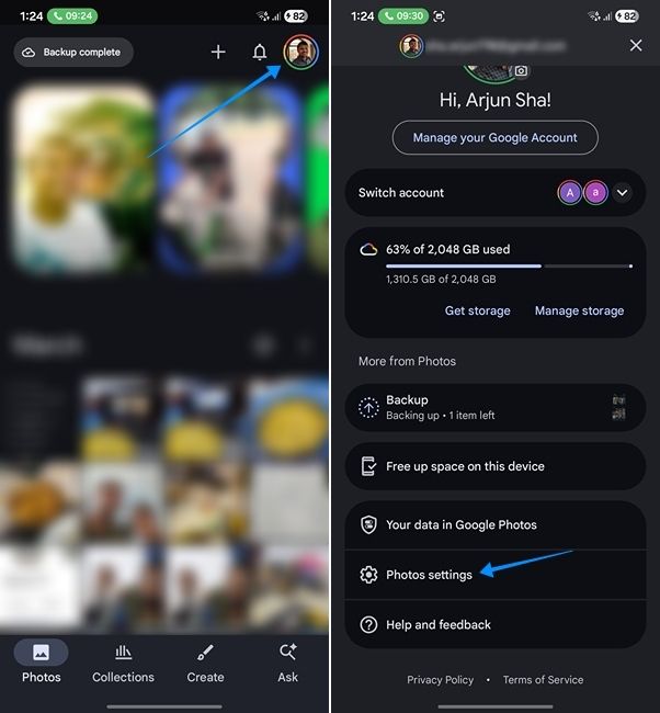 screenshot showing how to open google photos settings