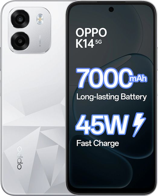 Oppo K14 5G front and back design silver