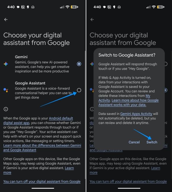 pixel ui screenshot where you can replace gemini with google assistant
