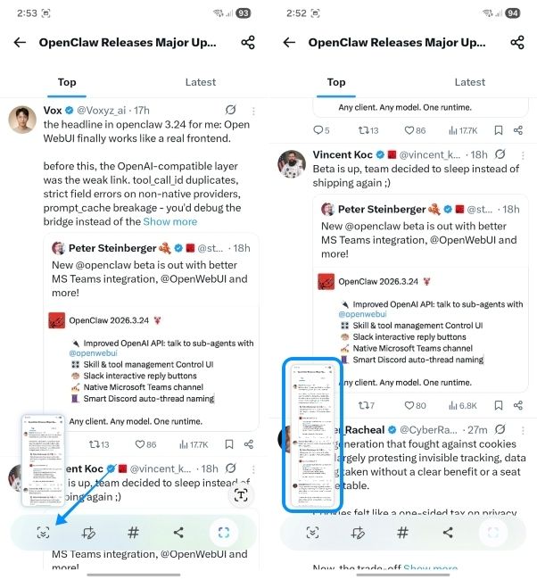 oneui screenshot showing how to take a scrolling screenshot on samsung phones