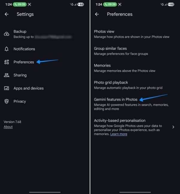 screenshot showing how to open gemini settings in google photos