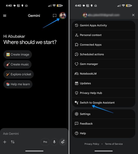 pixel ui screenshot showing option to switch to google assistant