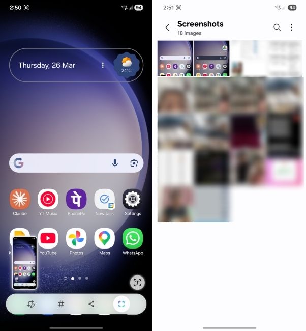 oneui screenshot showing the process of taking a screenshot