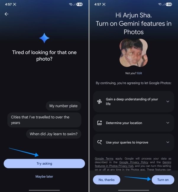 screenshot showing ask photos UI in google photos