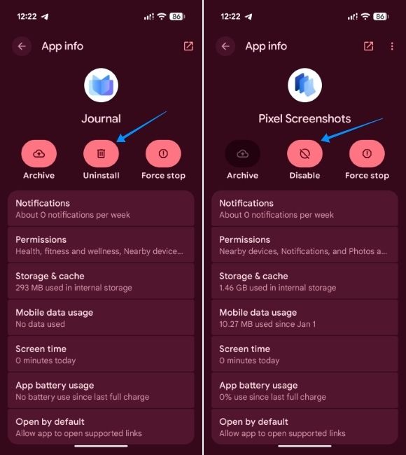 pixel ui screenshot showing app info of journal and pixel screenshots app