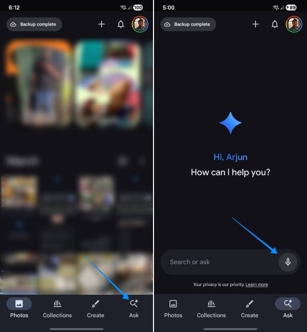 screenshot showing the ask photos bar in google photos