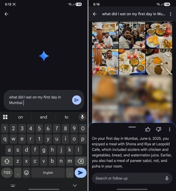 screenshot showing food search using ask photos in google photos