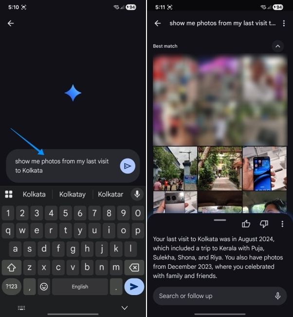 screenshot showing descriptive search using ask photos in google photos