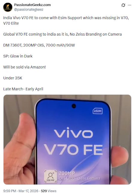 Vivo V70 FE X post screenshot revealing India launch date, price and other details