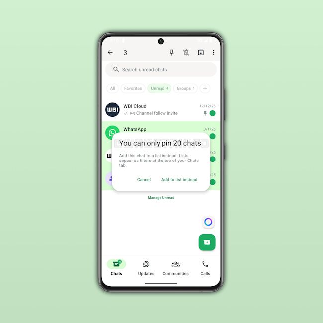 WhatsApp Plus 20 pinned chats feature showcased