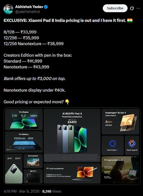 Screenshot of X post revealing Xiaomi Pad 8 leaked price in India