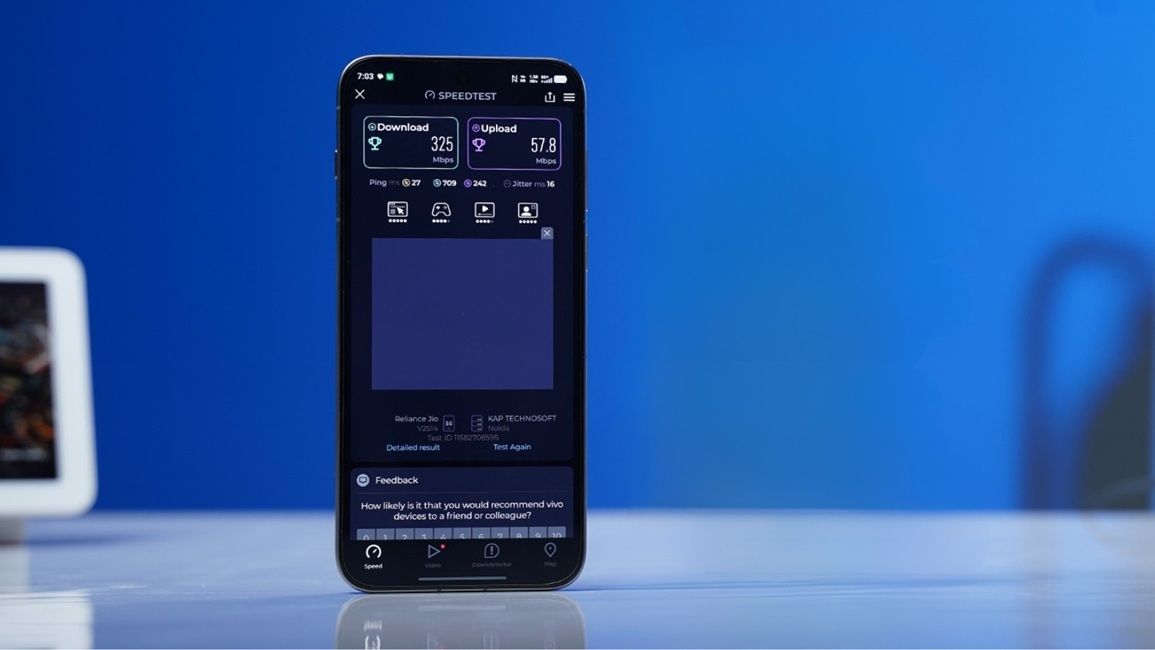 vivo x300 pro showing 5g speed test metrics, blue background