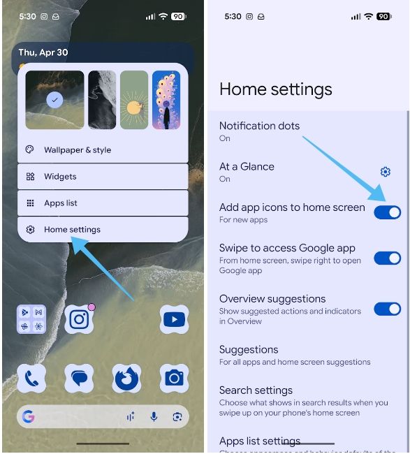Add app icons to home screen option in Google Pixel Launcher