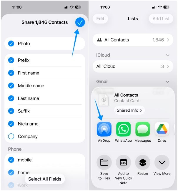 iOS screenshot showing the process of sharing all contacts from iPhone via AirDrop