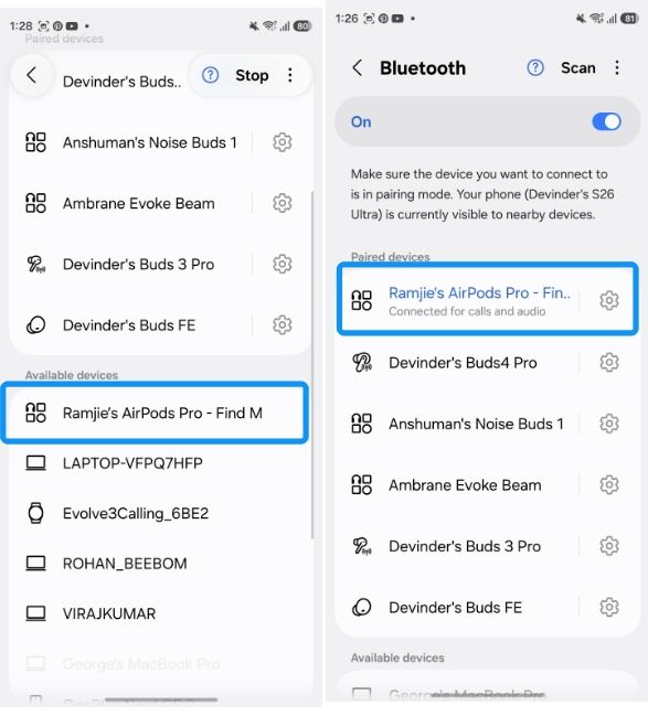 AirPods connected in Samsung settings AirPods connected in Samsung settings