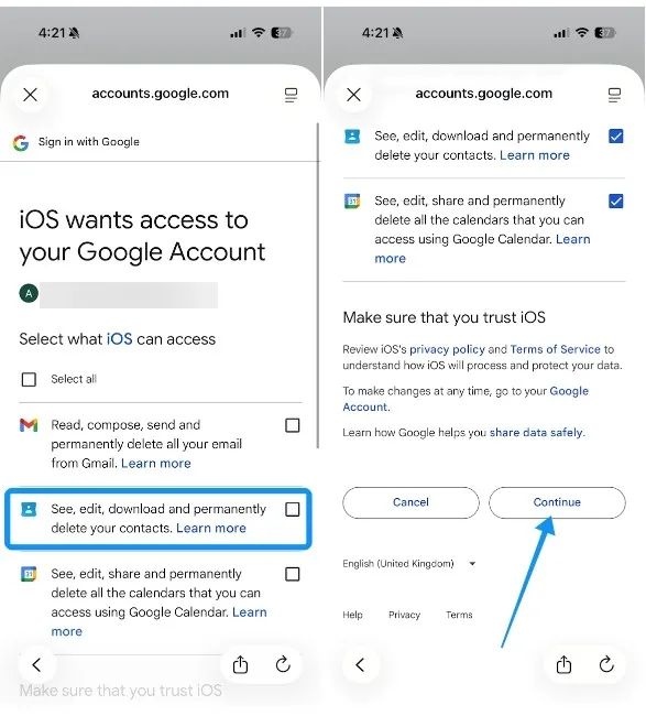 Transfer contacts from Android to iPhone continue button